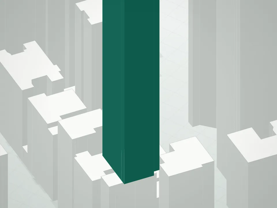 3D massing drawing of 430 East 58th Condominium and neighboring buildings