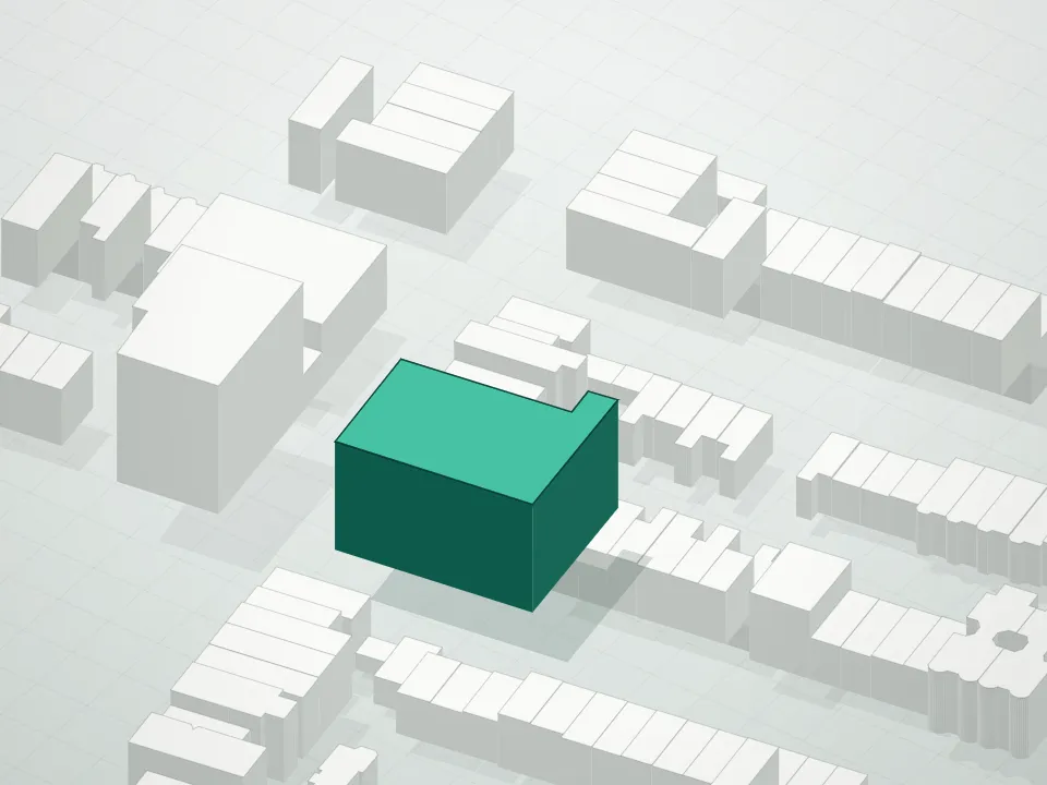3D massing drawing of Diana Condominium and neighboring buildings