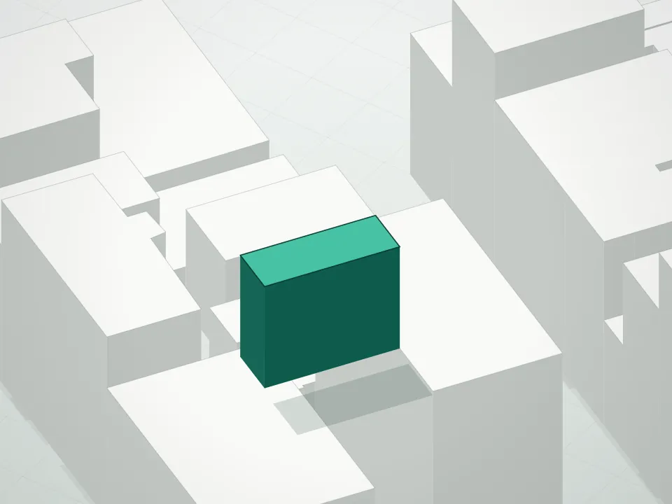 3D massing drawing of No. 142 Flatiron Condominium and neighboring buildings