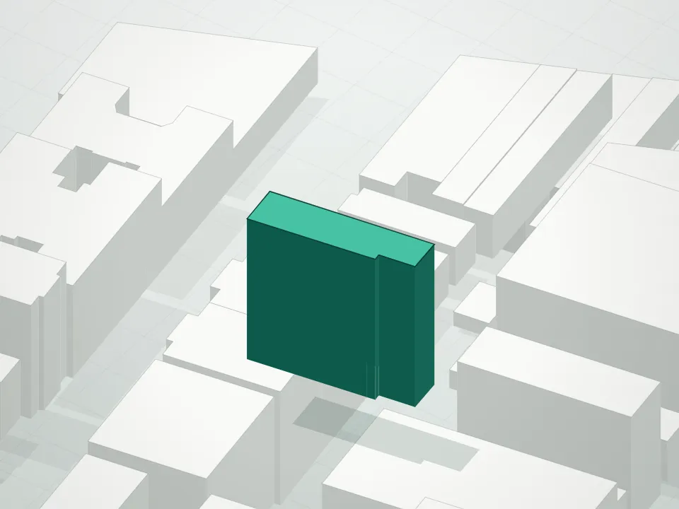3D massing drawing of Kings Point Condominium and neighboring buildings
