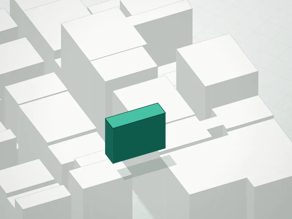 3D massing drawing of Iron Lofts Condominium and neighboring buildings