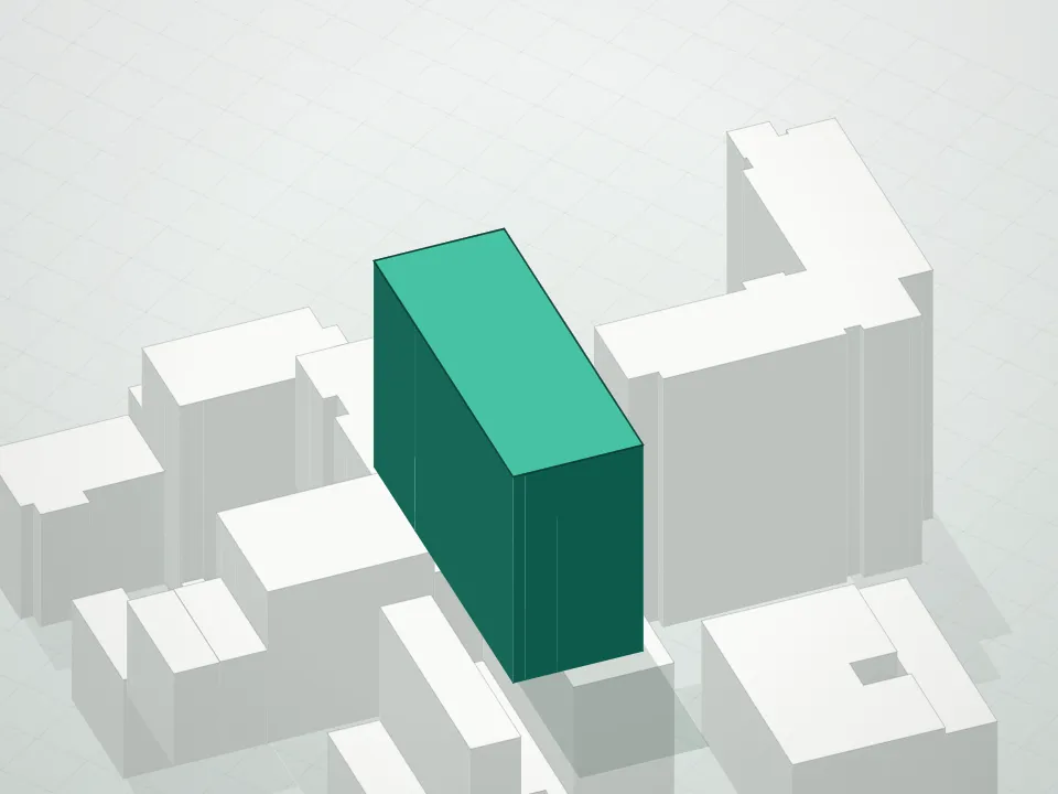 3D massing drawing of Blue Point Condominiums and neighboring buildings
