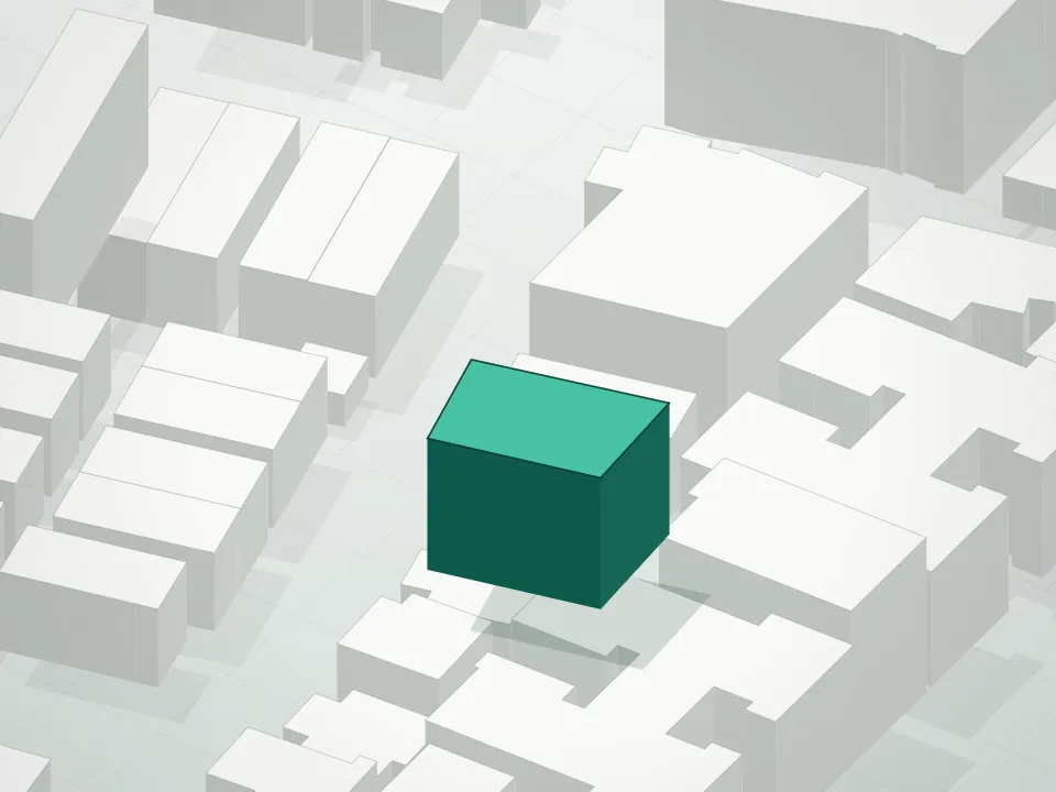 3D massing drawing of 3017 Brighton 8th Street Condominium and neighboring buildings