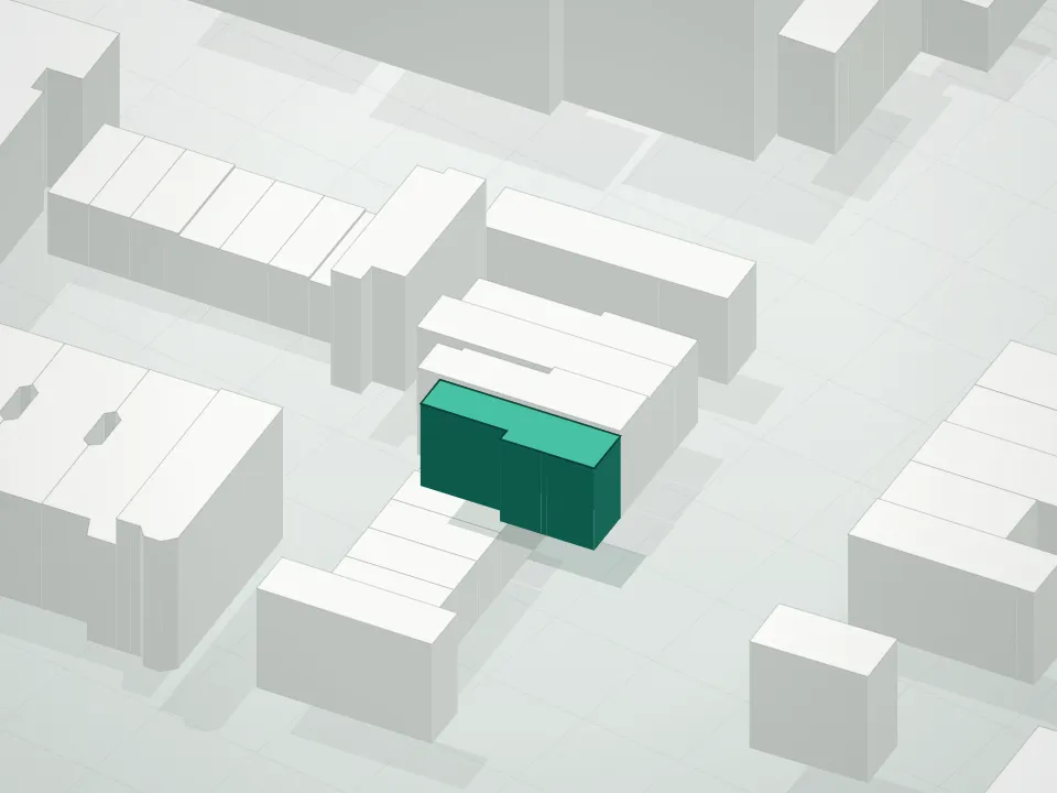 3D massing drawing of 120 Marcus Garvey Condominium and neighboring buildings