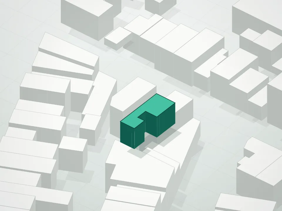 3D massing drawing of Devoe Tower Condominium and neighboring buildings