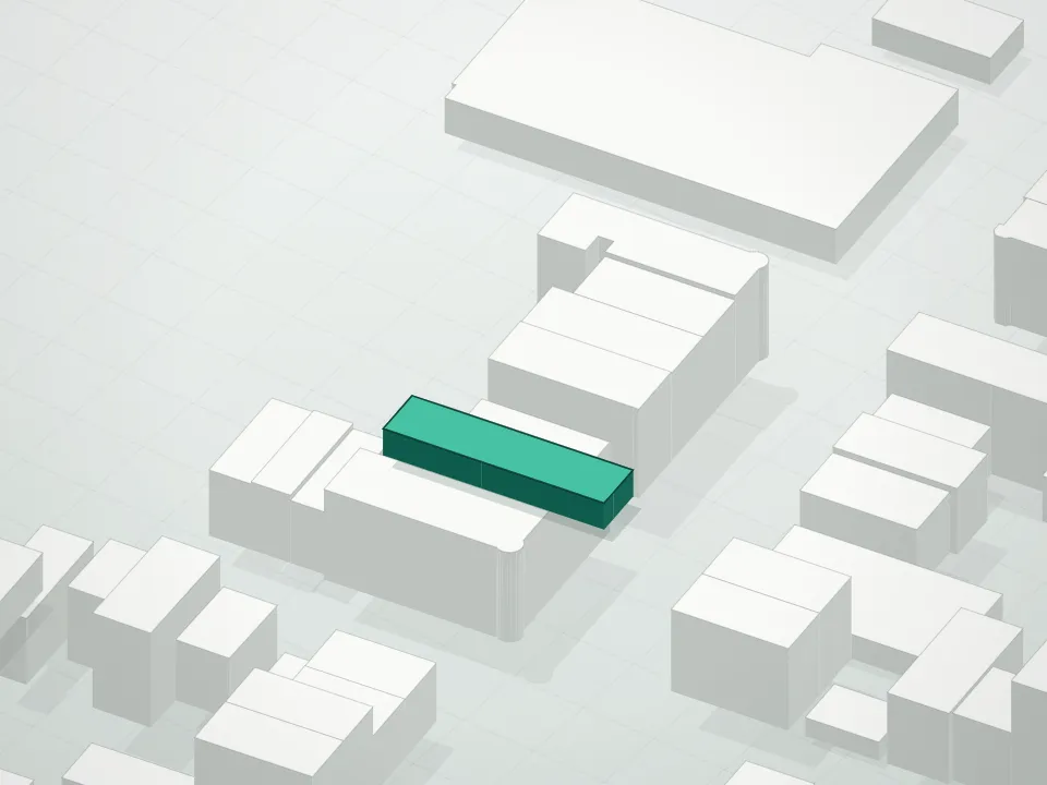 3D massing drawing of 217 Franklin Street Condominium and neighboring buildings