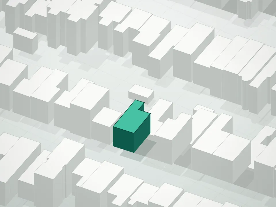 3D massing drawing of 111 Noble Gardens Condominium and neighboring buildings
