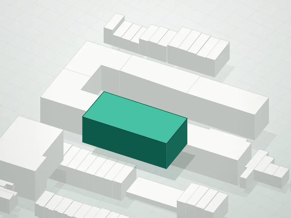 3D massing drawing of Cascade F Condominium and neighboring buildings