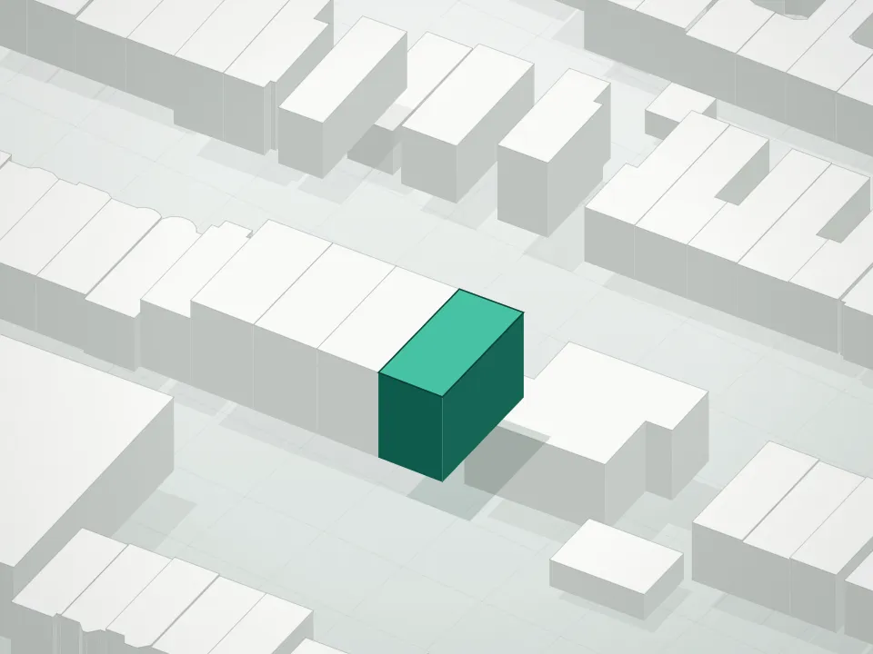 3D massing drawing of 412 Fenimore Street Condominium and neighboring buildings