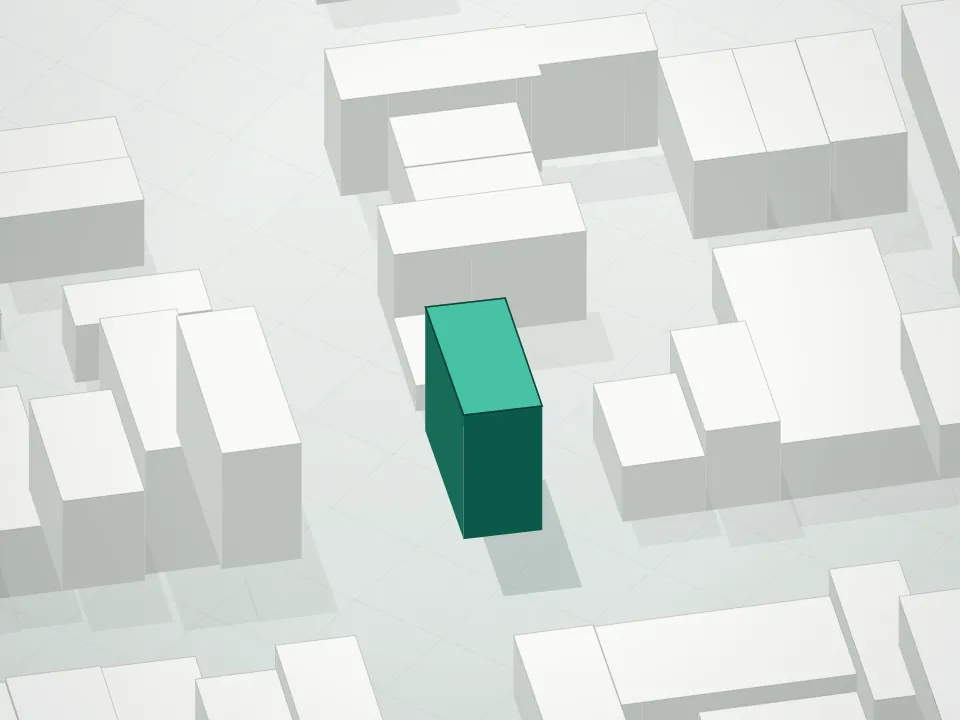 3D massing drawing of Artisan Condominium and neighboring buildings