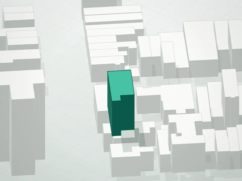 3D massing drawing of 142-144 Clymer Condominium and neighboring buildings