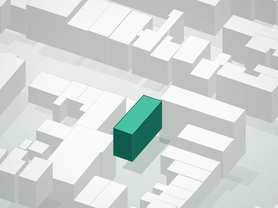 3D massing drawing of 156 Devoe Street Condominium and neighboring buildings