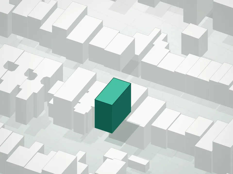 3D massing drawing of 112 India Street Condominium and neighboring buildings