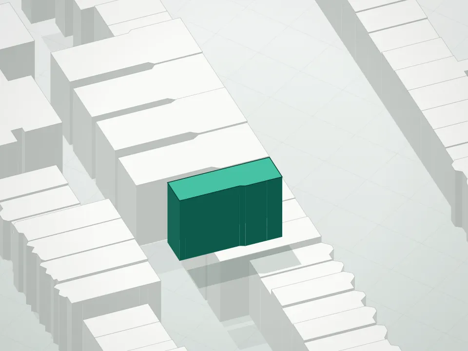3D massing drawing of 408 Third Street Condominium and neighboring buildings