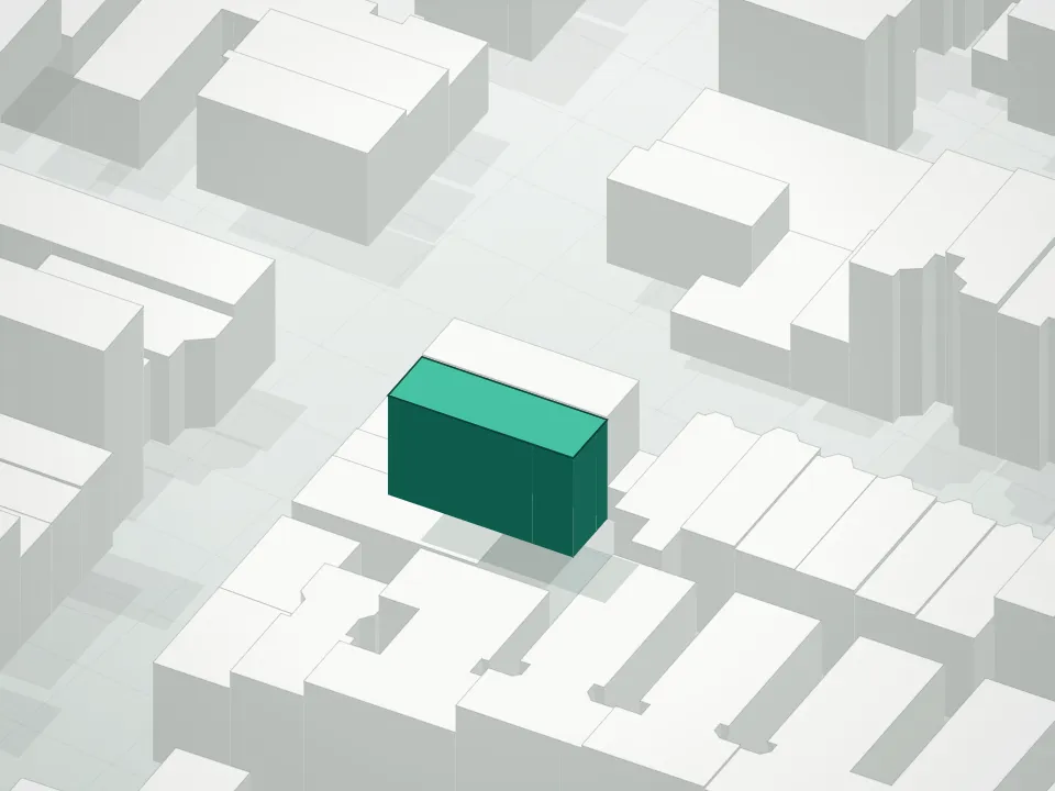 3D massing drawing of 590 Lorimer and neighboring buildings