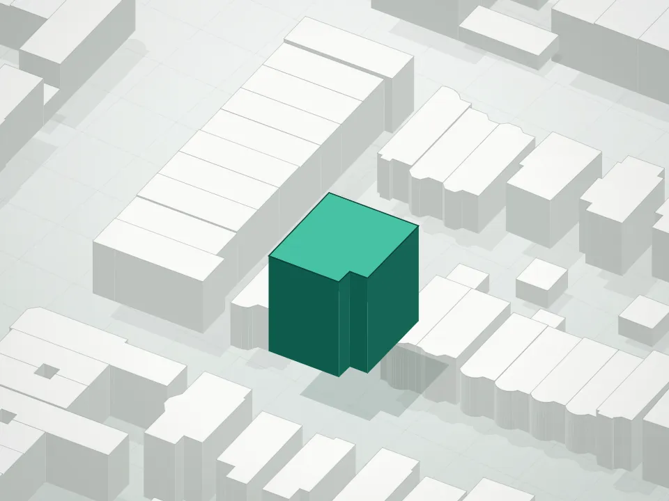 3D massing drawing of Alcove Residences and neighboring buildings