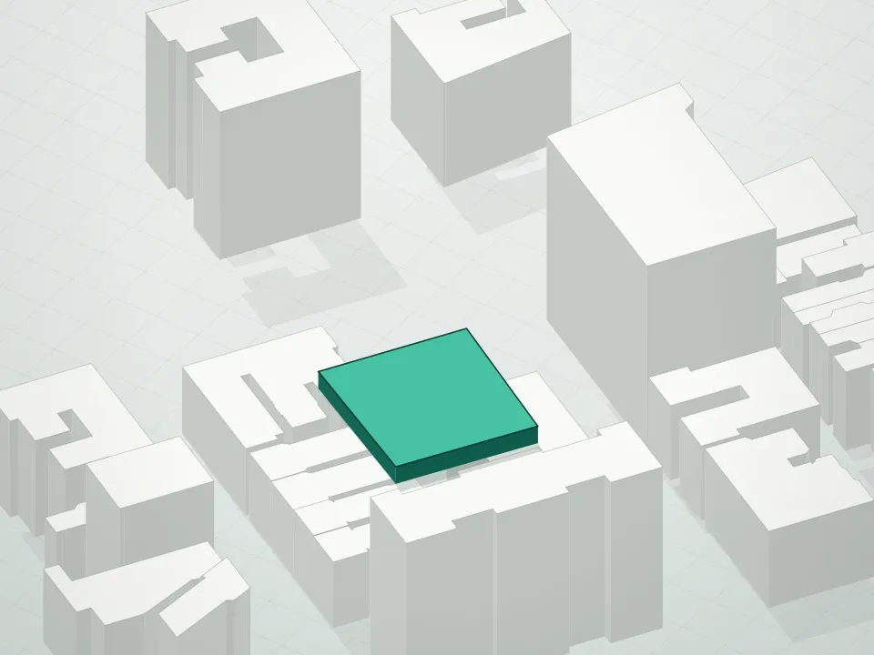 3D massing drawing of Rockwell Condominium and neighboring buildings