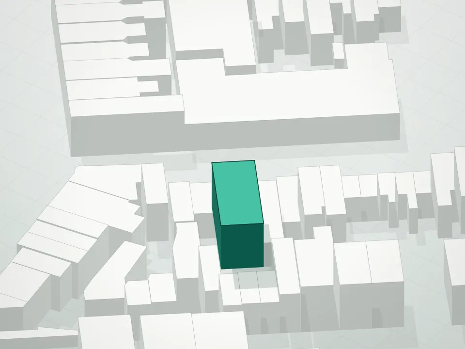3D massing drawing of 74 Heyward Street Condominium and neighboring buildings