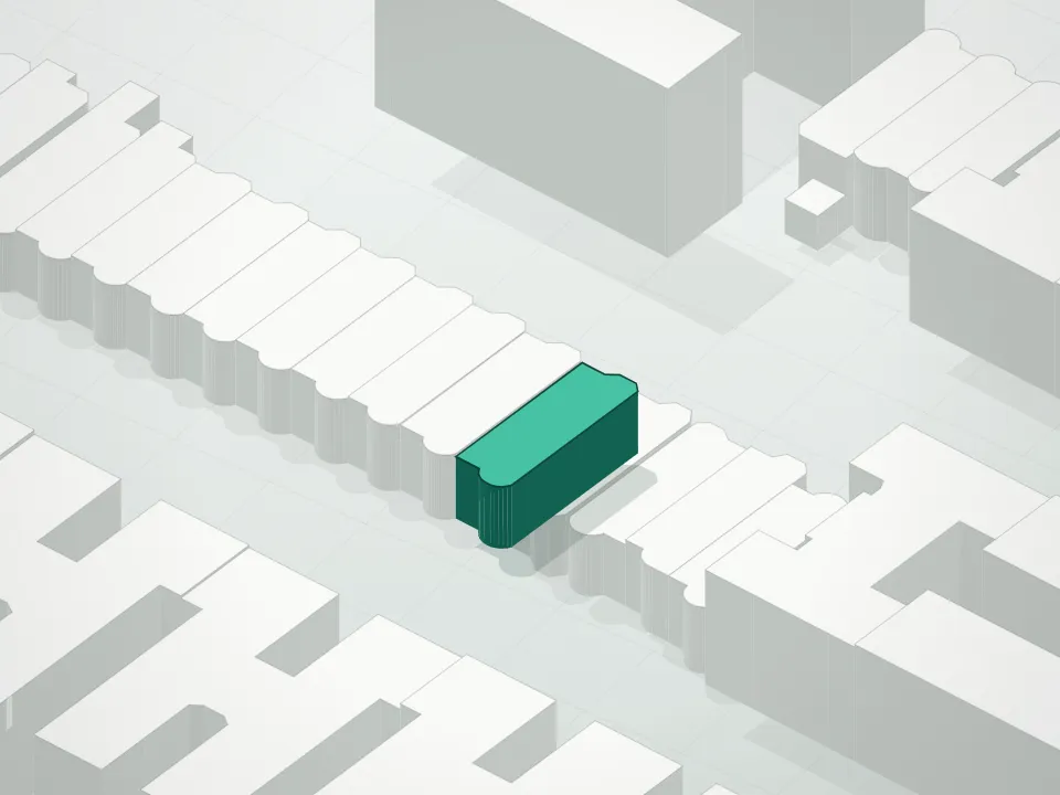 3D massing drawing of 1489 Sterling Place Condominium and neighboring buildings