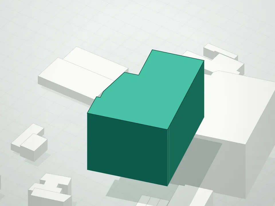 3D massing drawing of Prince and neighboring buildings