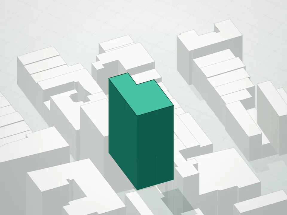 3D massing drawing of 64 University Place Condominium and neighboring buildings