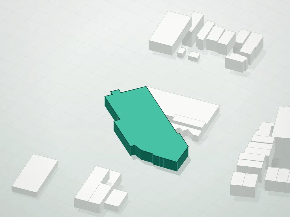 3D massing drawing of East West Plaza Condominium and neighboring buildings