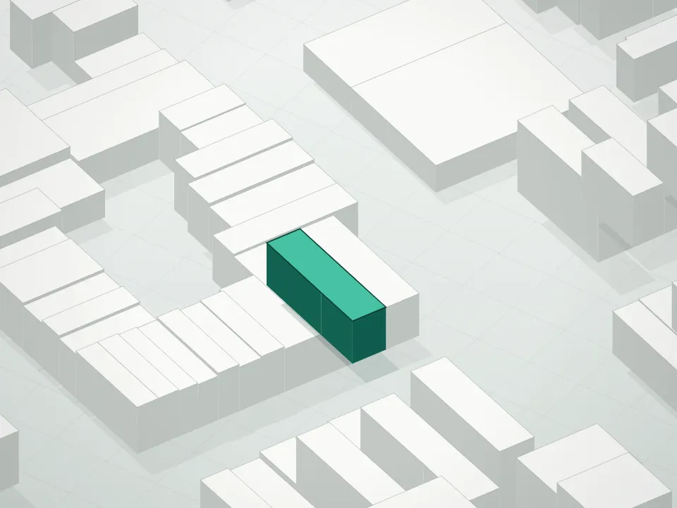 3D massing drawing of 210 Columbia Street Condominium and neighboring buildings