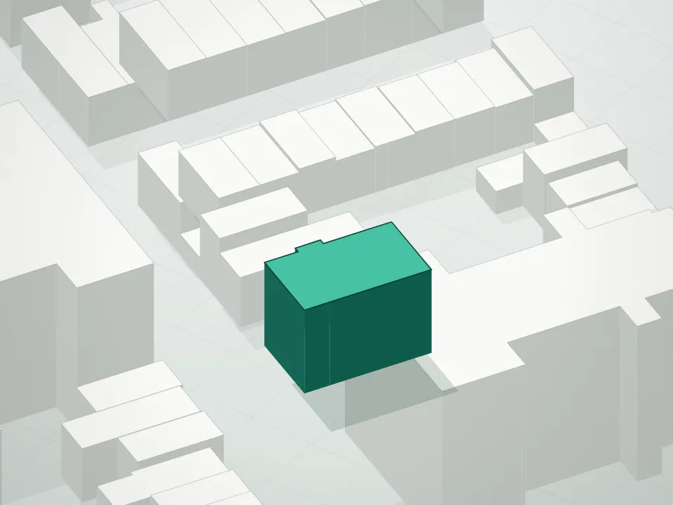 3D massing drawing of 415 Degraw Street Condominium and neighboring buildings