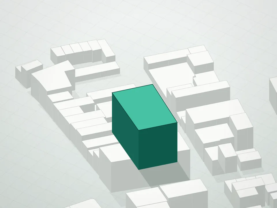 3D massing drawing of 110 North 1st Street Condominium and neighboring buildings