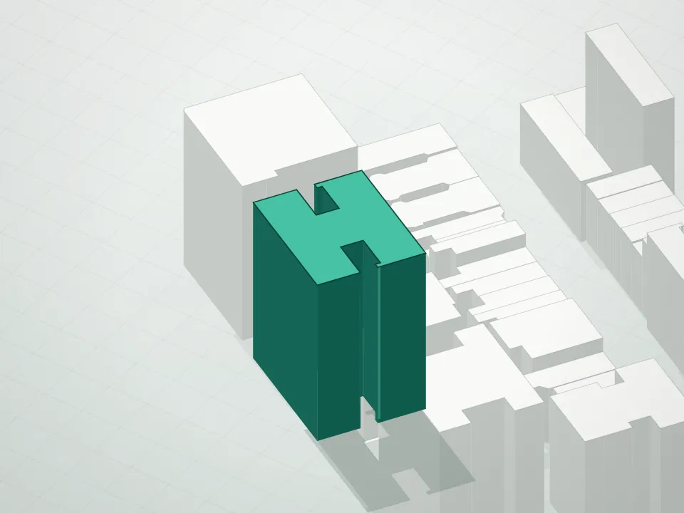 3D massing drawing of 45 West 81st Street Condominium and neighboring buildings