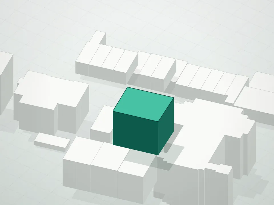 3D massing drawing of Penrose Tower and neighboring buildings