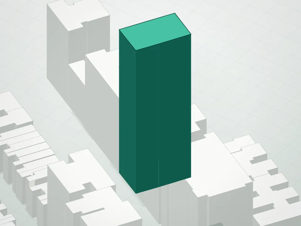 3D massing drawing of 15 West 96th Street and neighboring buildings