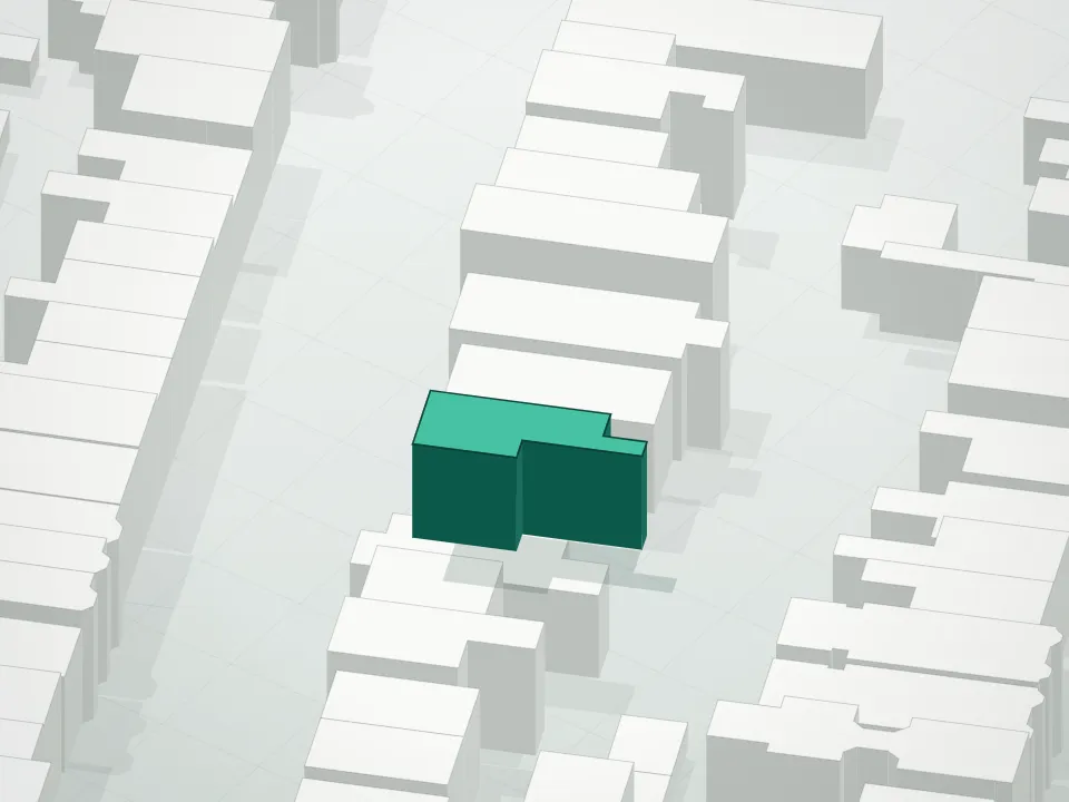 3D massing drawing of 584 Leonard Street Condominium and neighboring buildings