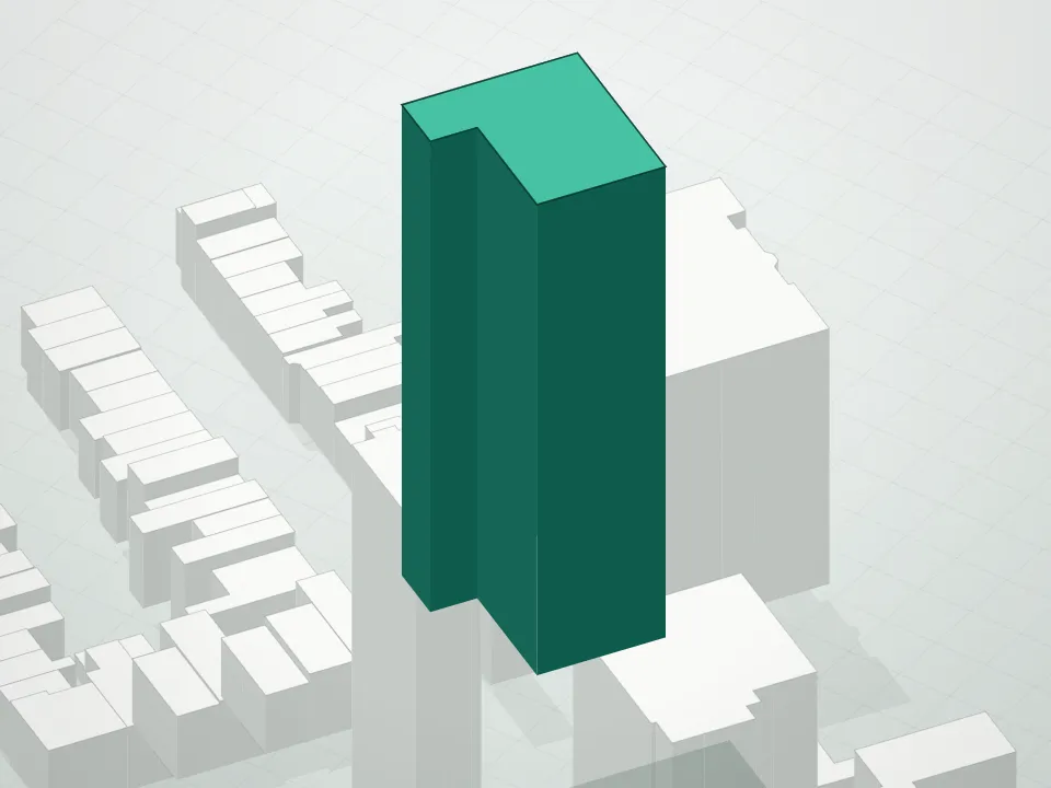 3D massing drawing of 249 East 62nd Street Condominium and neighboring buildings
