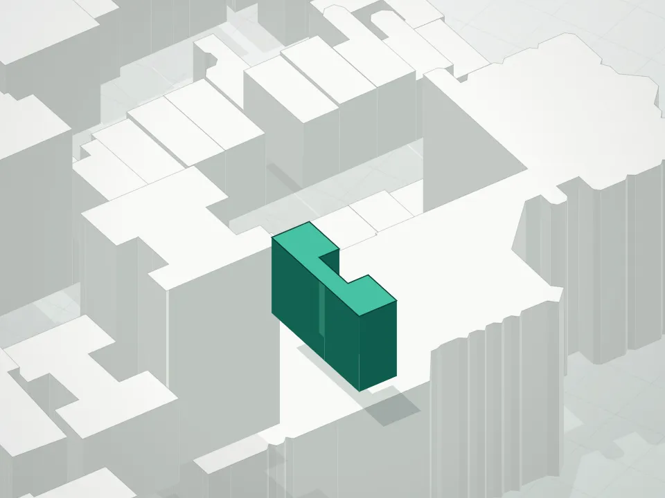 3D massing drawing of 16 Monroe Place Condominium and neighboring buildings