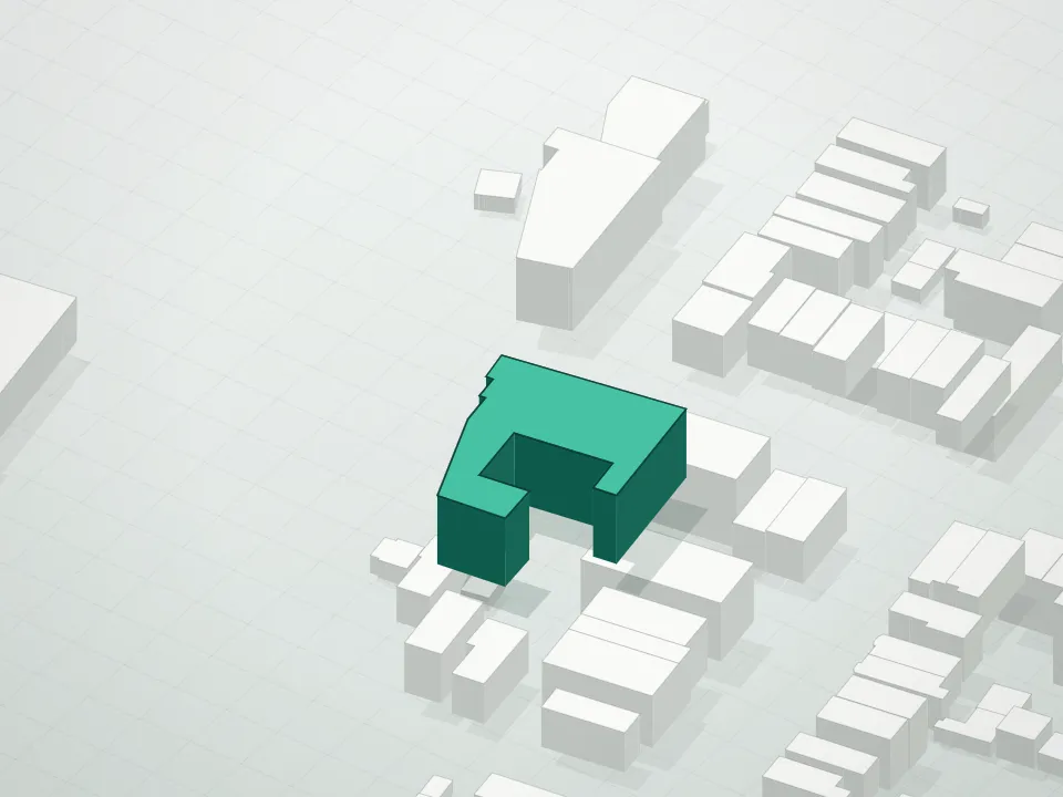 3D massing drawing of 73 Woodside Manor Condominium and neighboring buildings