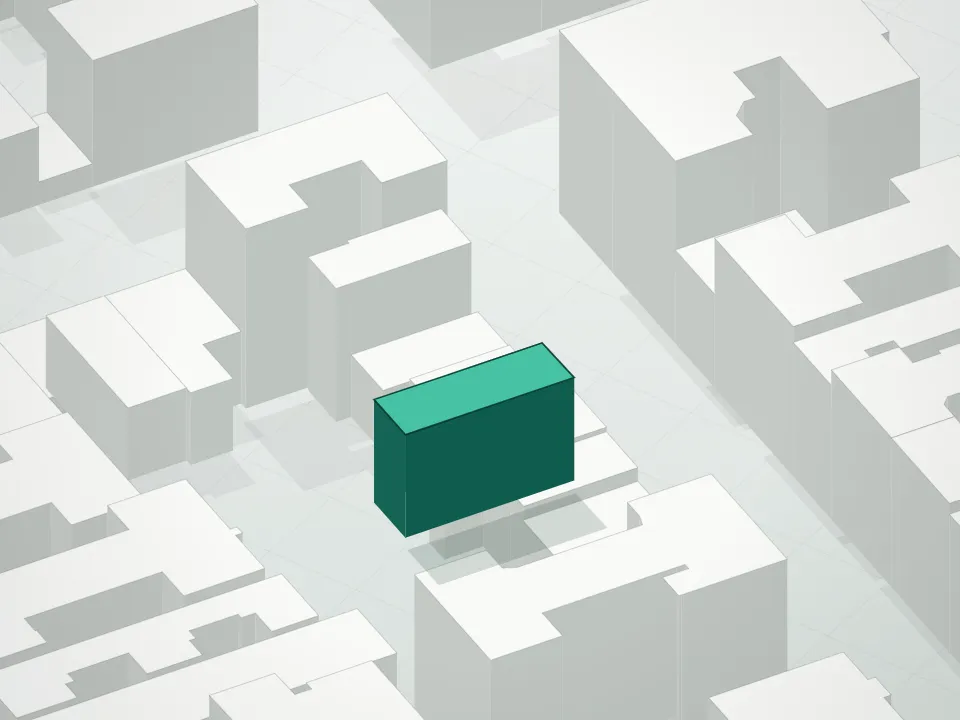 3D massing drawing of 232 South 2nd Street and neighboring buildings