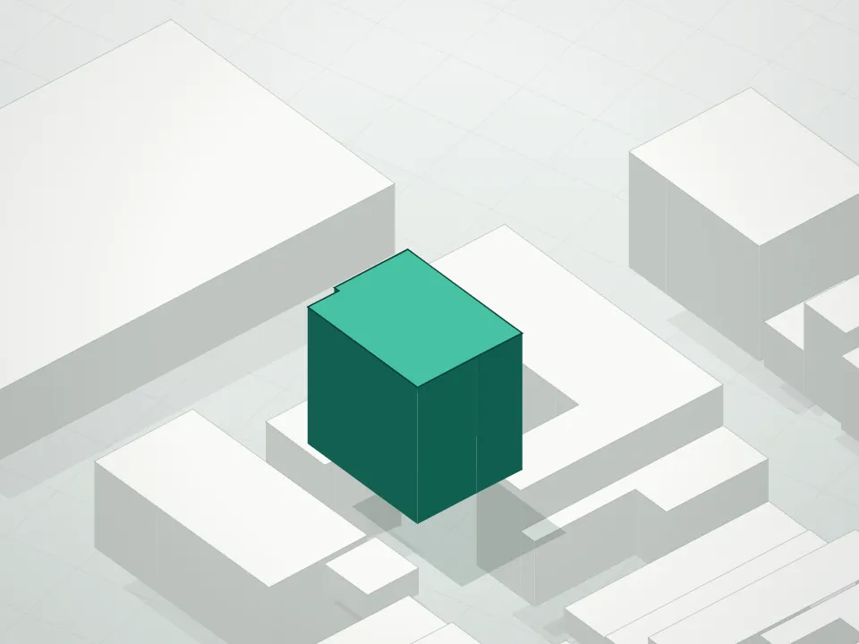 3D massing drawing of Alchemy Condominium and neighboring buildings
