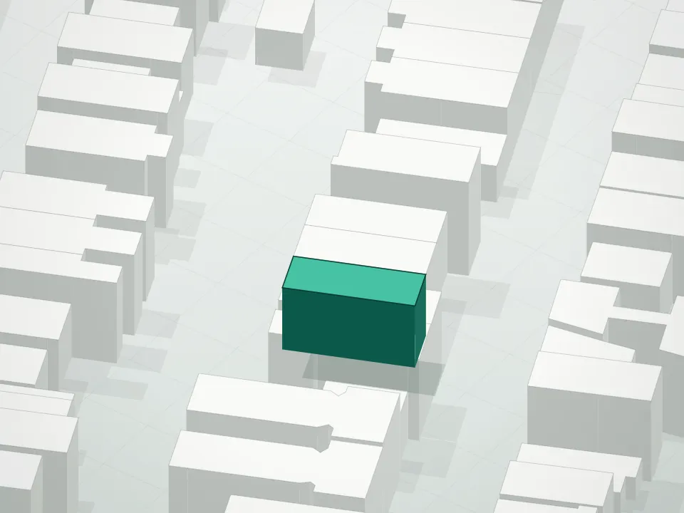 3D massing drawing of Diamond Haus and neighboring buildings