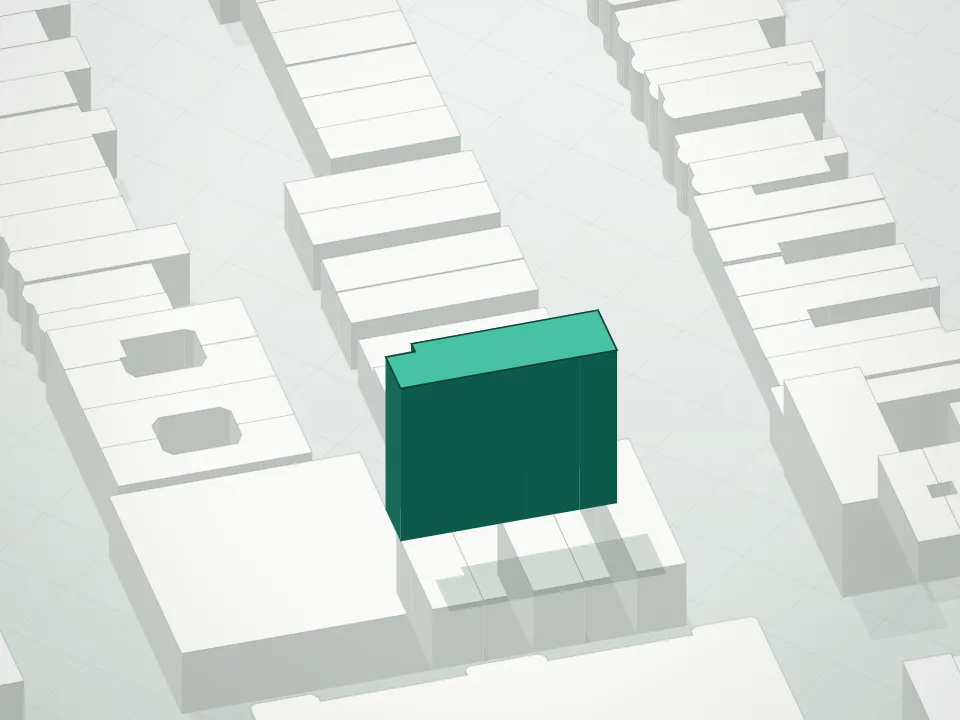 3D massing drawing of Park Living Condominium and neighboring buildings