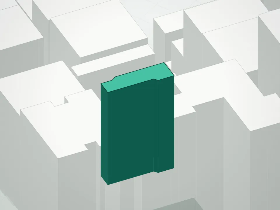 3D massing drawing of Novum W26 Condominium and neighboring buildings
