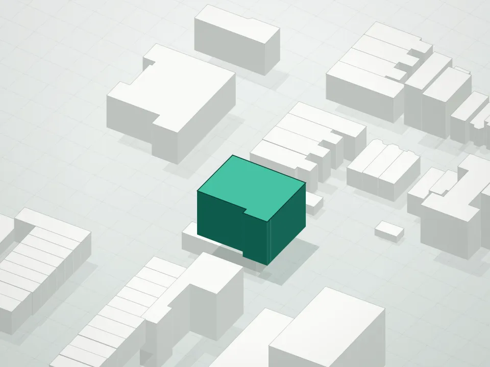 3D massing drawing of Rogers Residences and neighboring buildings