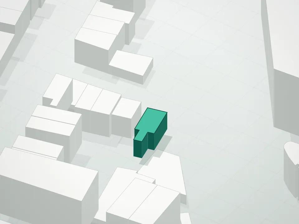 3D massing drawing of 12 Broome Street Condominium and neighboring buildings
