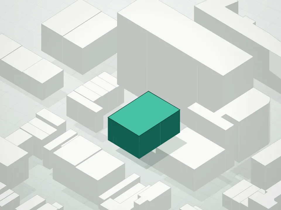 3D massing drawing of 75 South 8th Street Condominium and neighboring buildings