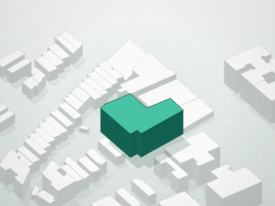 3D massing drawing of Arcadia Woodside Condominium and neighboring buildings