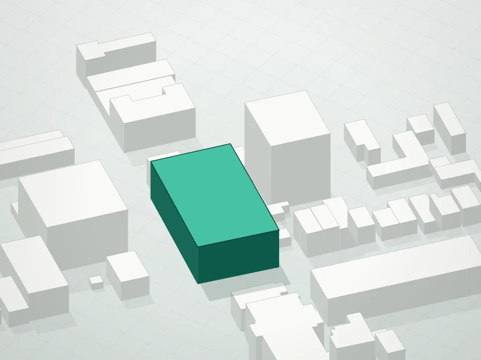 3D massing drawing of Noble Lic Condominium and neighboring buildings
