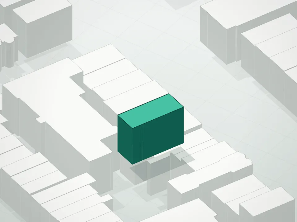 3D massing drawing of 110 First Place Condominium and neighboring buildings