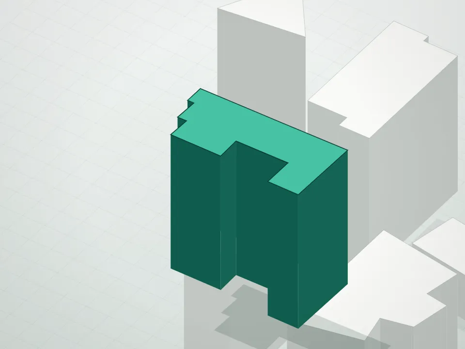 3D massing drawing of Williamsburg Wharf Condominium and neighboring buildings