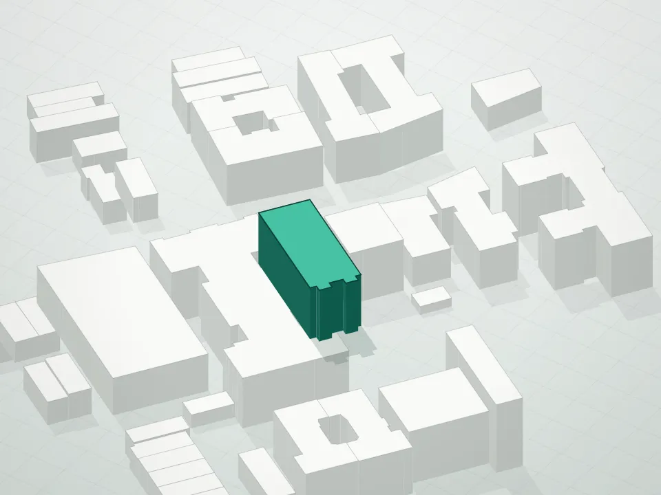 3D massing drawing of Siena Condominium and neighboring buildings
