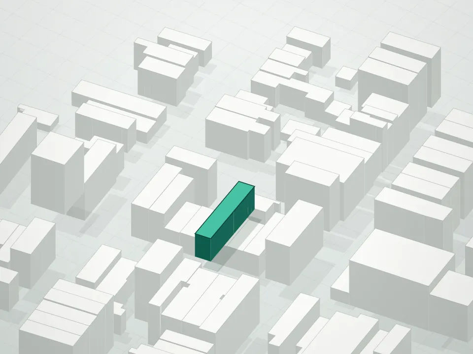 3D massing drawing of Rose Tree Condo Association and neighboring buildings